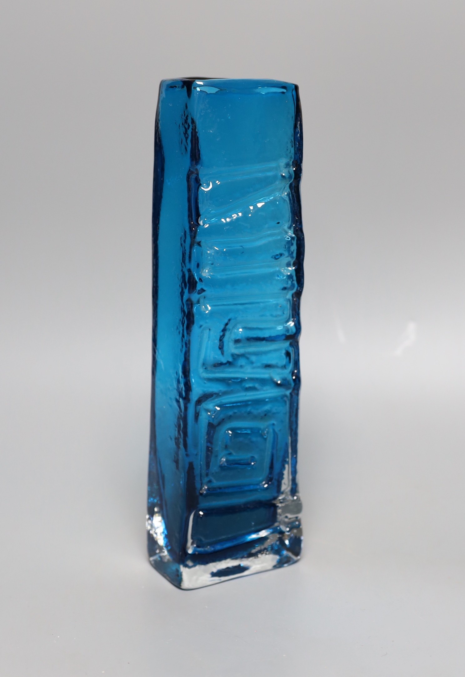 A Whitefriars 'Totem Pole' glass vase, designed by Geoffrey Baxter, pattern number 9671, blue glass, 26.5cm tall